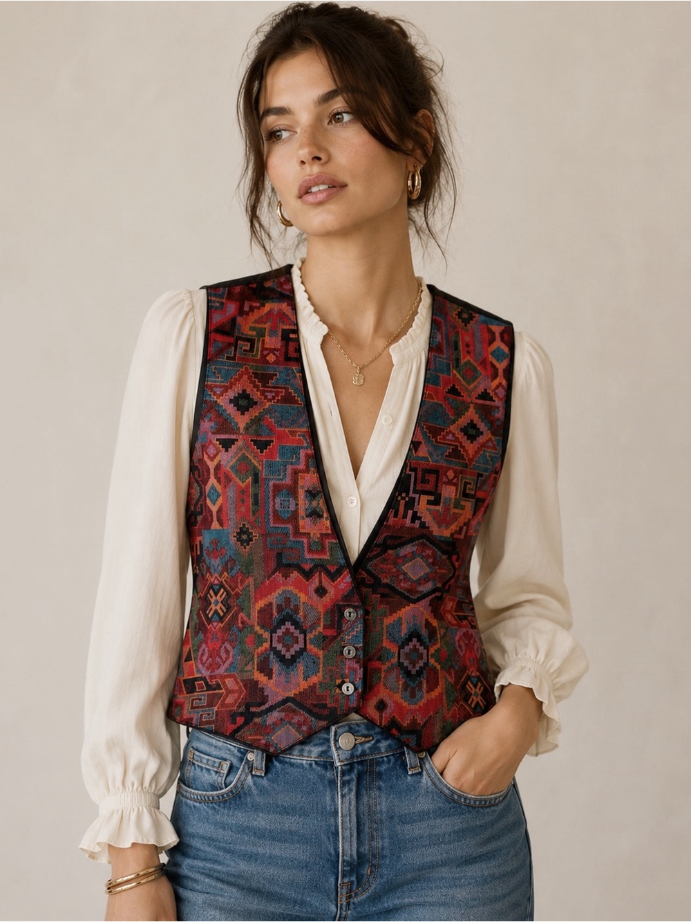 VTG 90s Y2K Women Geometric Aztec Tapestry Vest SMALL Boho Country Eclectic